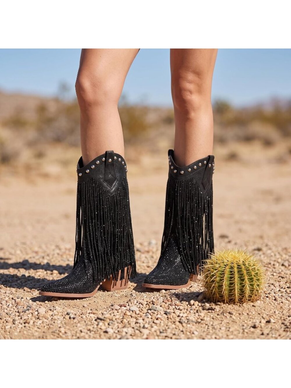 Women's Black Rhinestone Sparkly Pointed Toe Fringe Chunky Heel Cowgirl Boots - Picture 2 of 6